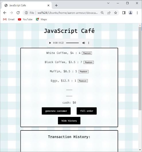 a webpage displaying a box for the transaction history